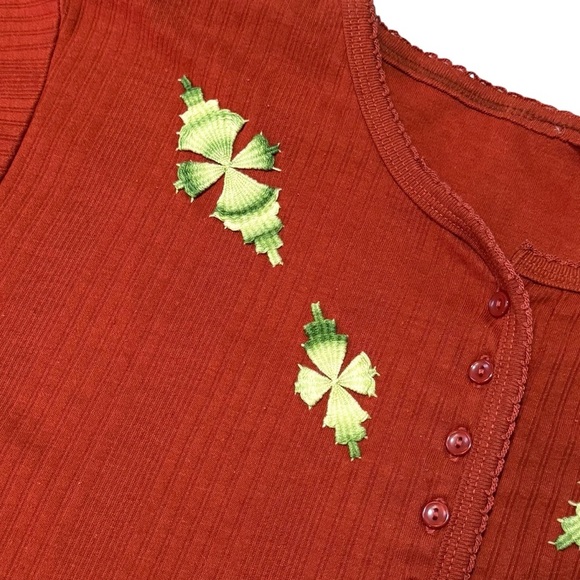 CHIC Burnt Orange Rust Long Sleeve Green Floral Geometric Embroidered Top No Tag - Picture 3 of 11